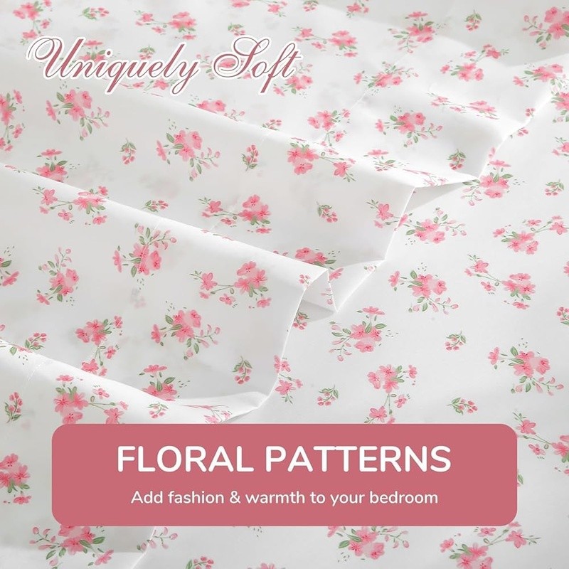 Lightweight Microfiber Sheet Set Deep Pocket Floral Pattern Breathable Easy Care