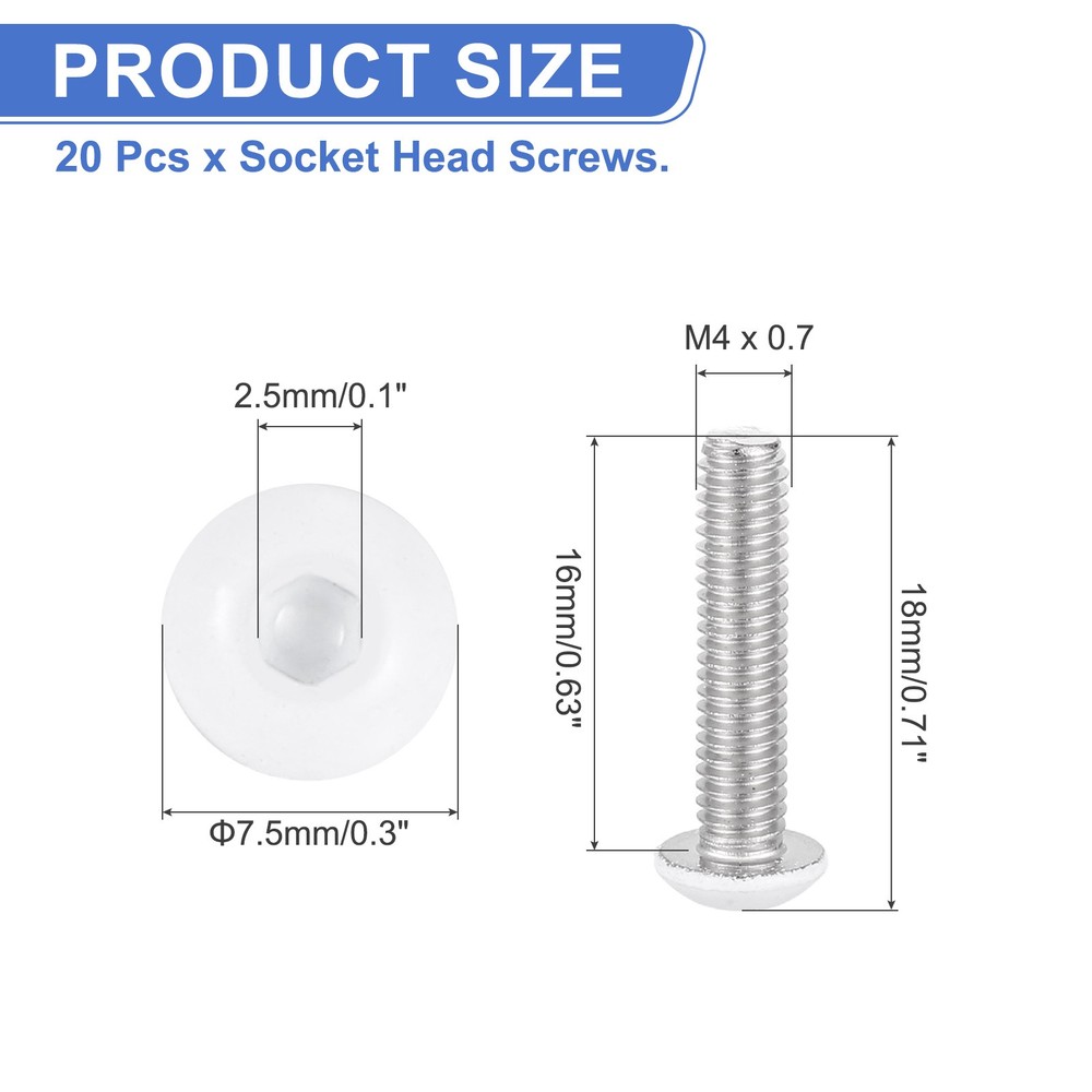 20 Pcs M4-0.7 x 16mm Button Head Socket Cap Screw Machine Screw, White