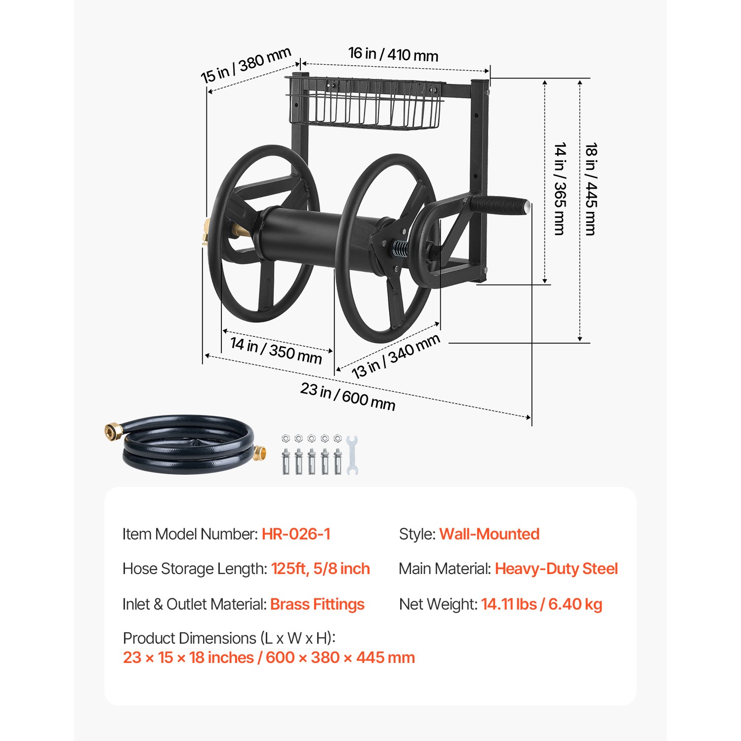 Wall Mounted Garden Hose Reel 125ft 5/8 in Hose Holder Brass Fitting & Basket