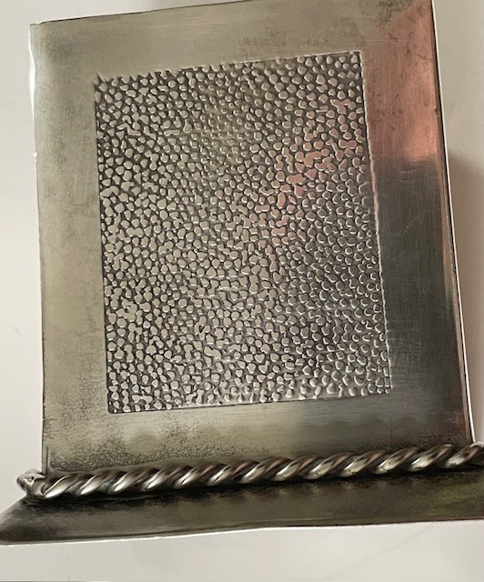 Open silver plate box; no mark, hammered sides, 3" square; desk accessory?