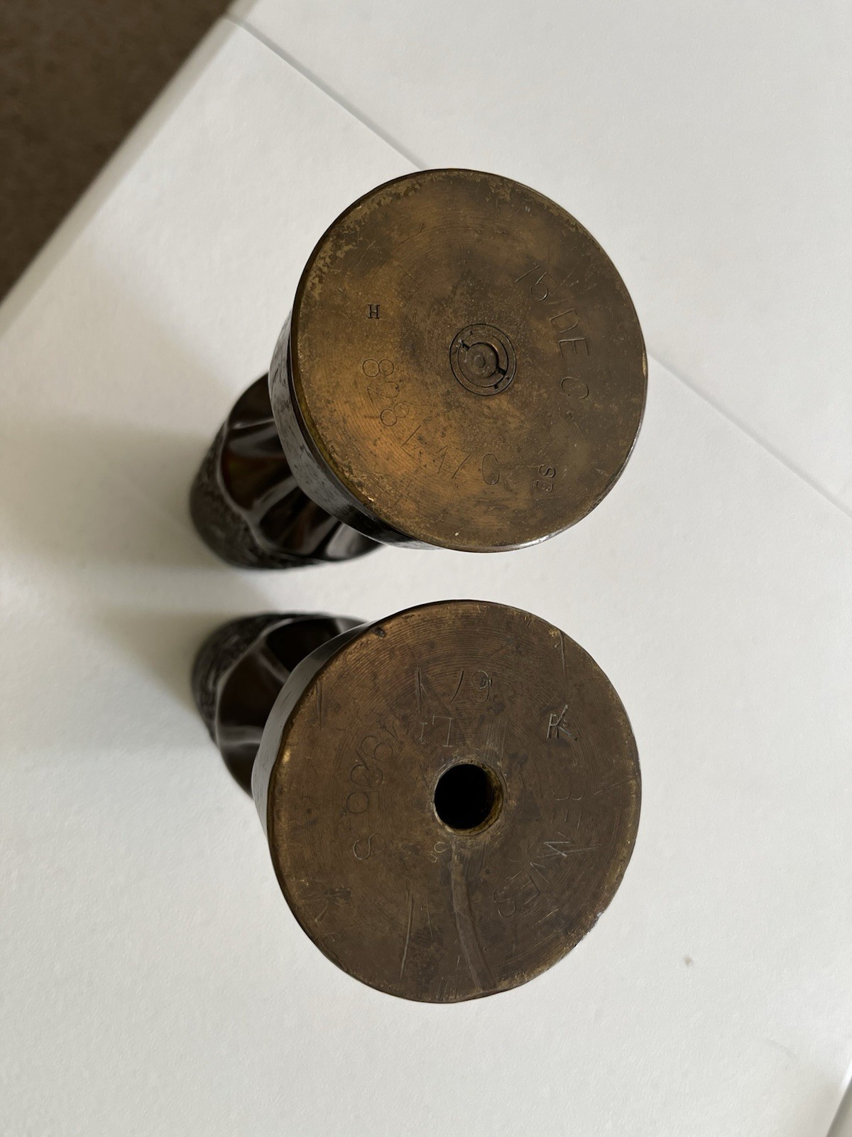 Pair Highly Decorated Dated 1918 WW1 Trench Art Brass 75MM