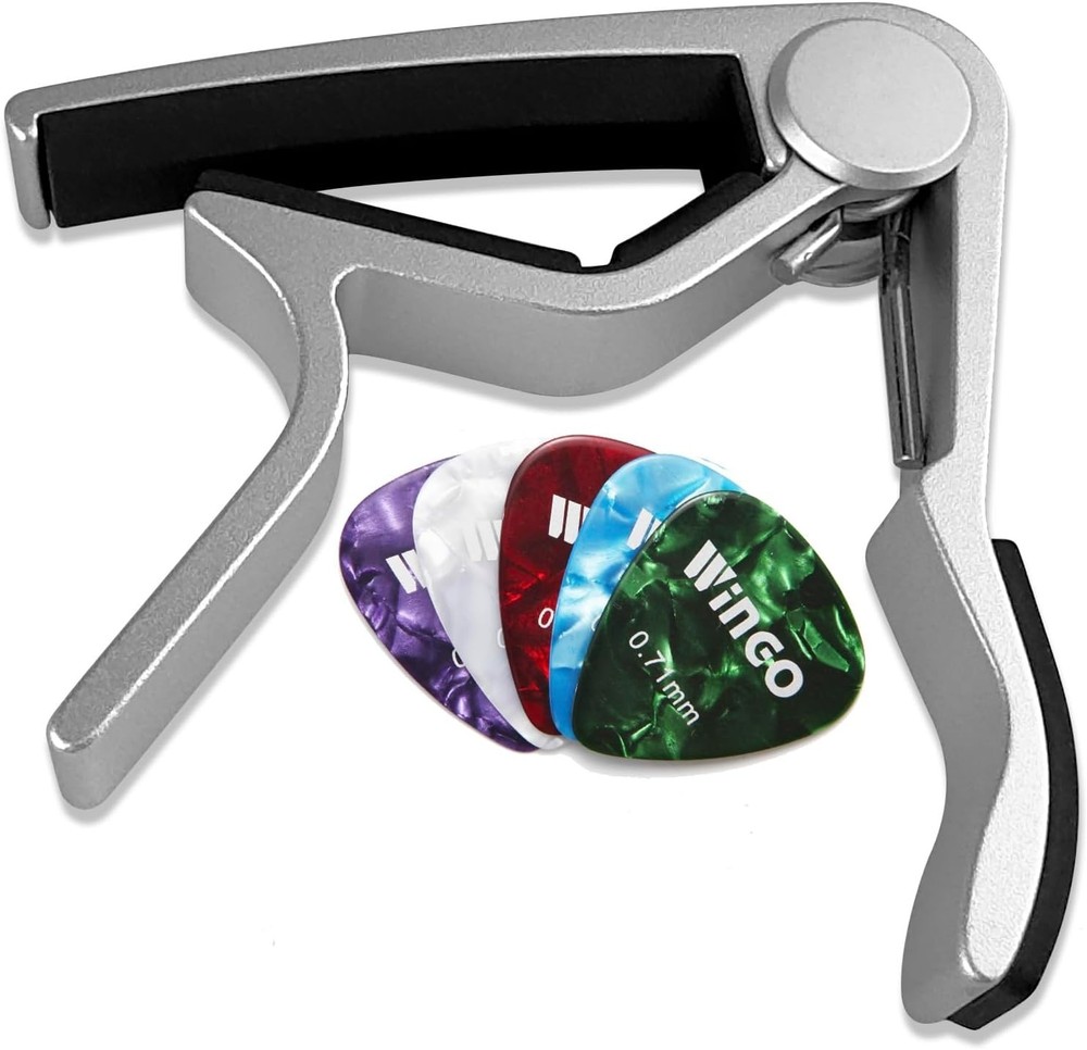 Quick-Change Silver Guitar Capo for 6-String Instruments, Includes 5 Free Picks