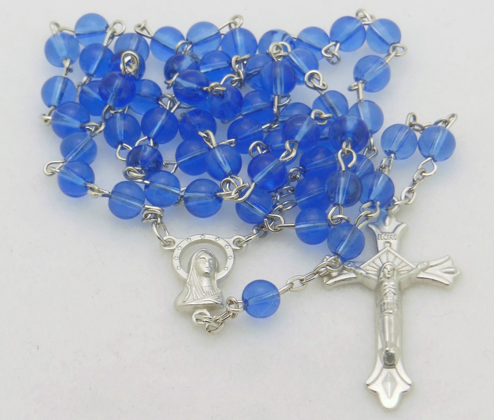 Catholic Rosary Bead Necklace ~ Blue Glass Round Beads