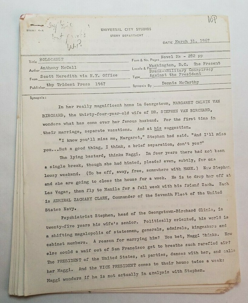 HOLOCAUST / Dennis McCarthy 1967 SYNOPSIS, based on novel by Anthony McCall
