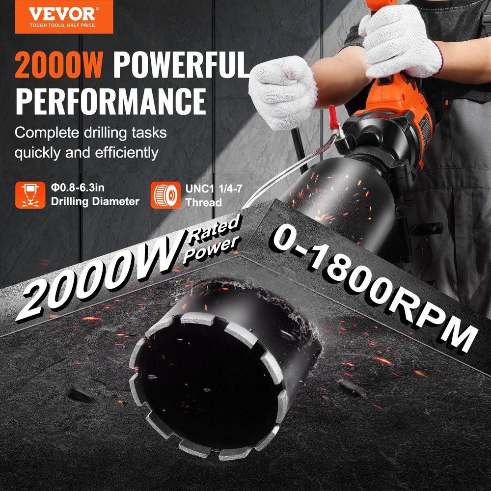 Versatile Core Drill 2000W Motor 0.8-6.3in Handheld & Base Use