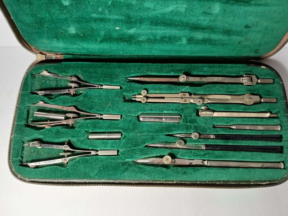 13 Piece Large Vintage Antique German Drafting Set Compass Germany Drafting Set