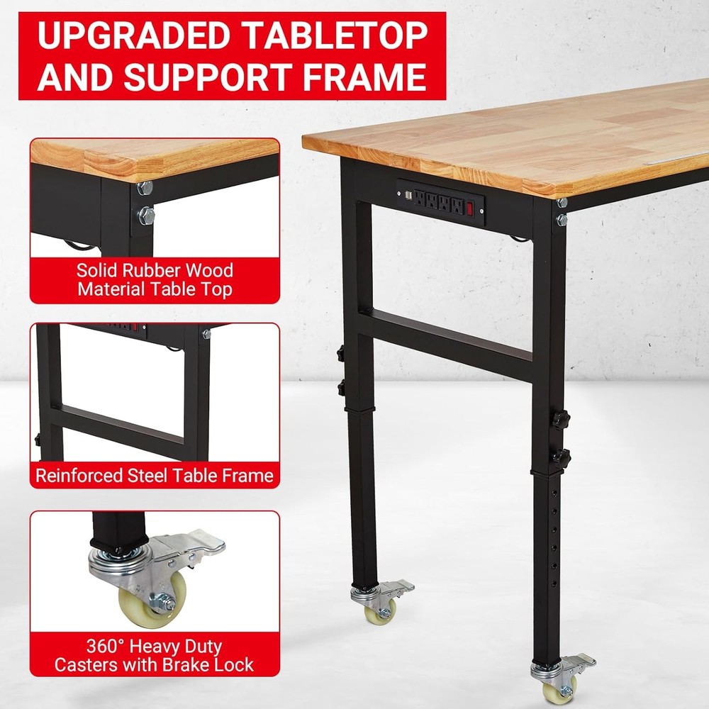 48" Adjustable Workbench Rolling Heavy-Duty Work Table w/ Wheels & Power Outlet