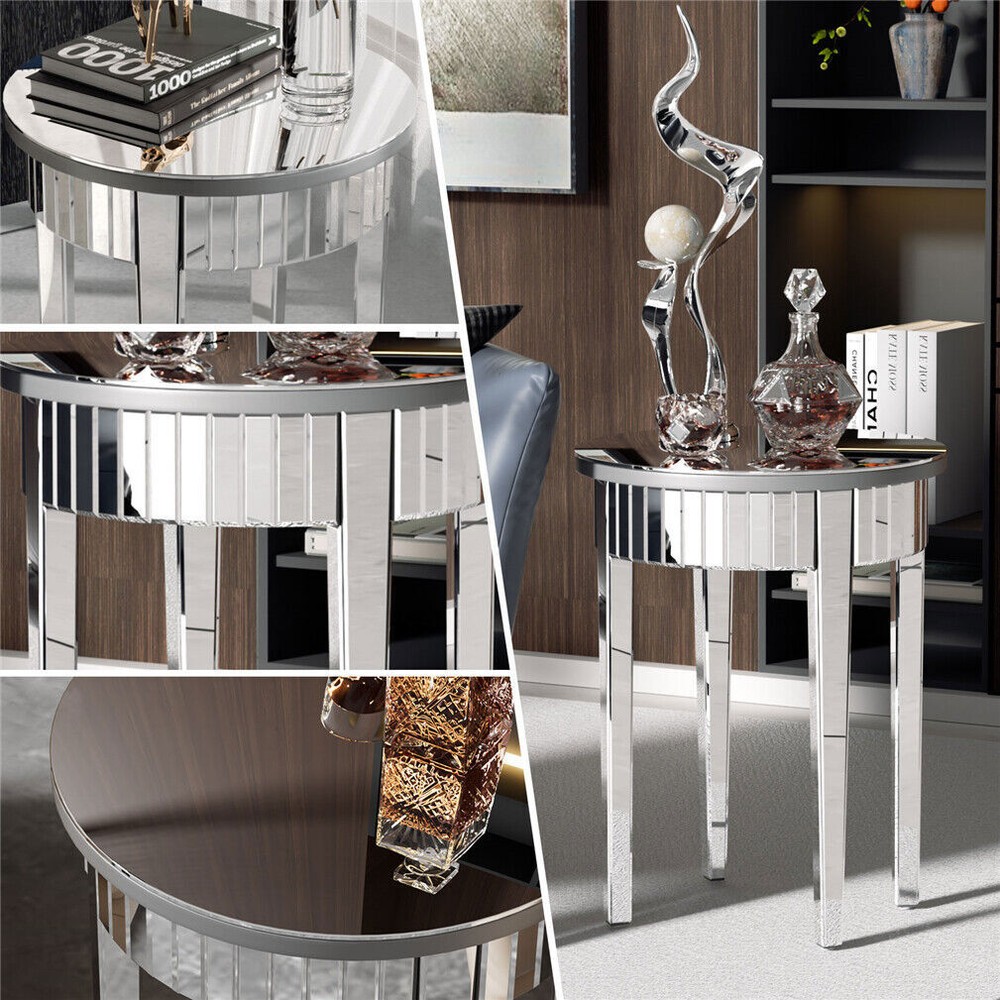 Round Venetian Mirrored Side Table Sofa Bedside Coffee Table Storage Wood Frame