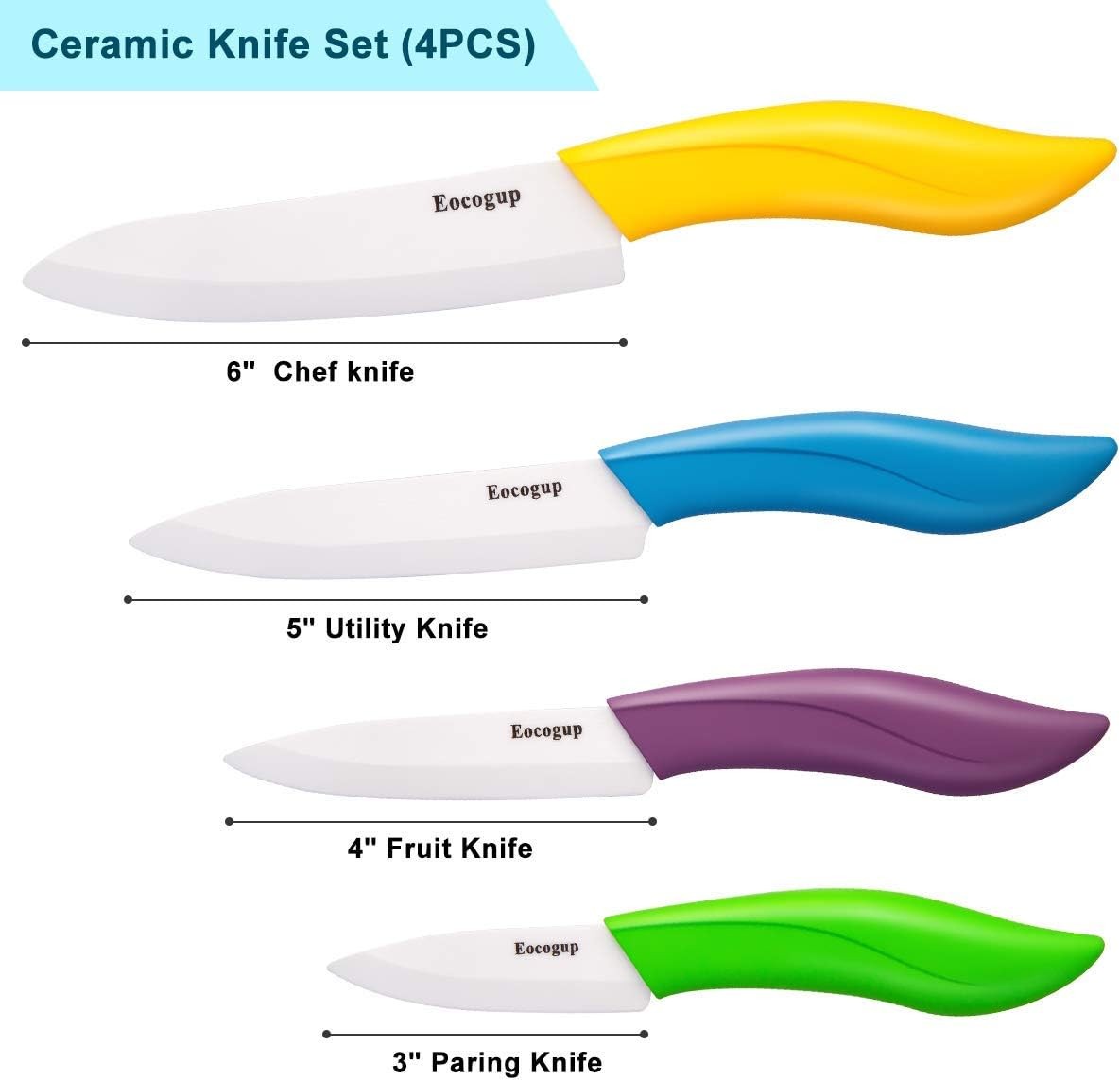 Updated Version Ceramic Knife Set 4-Piece Color with Sheaths (Includes 3" Paring