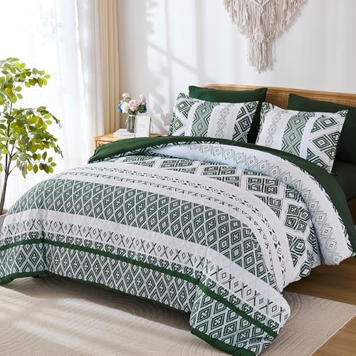 Green Comforter Set Size 7 Pieces,Boho Aztec Comforter with Queen Dark Green