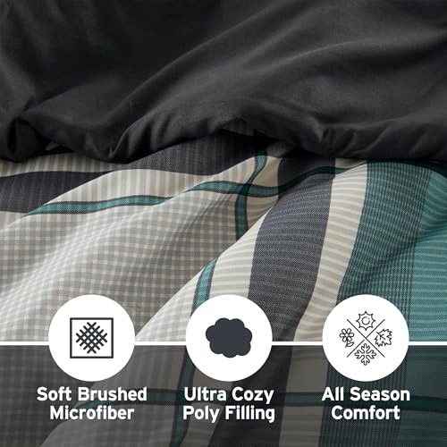 Comforter Set with Sheets, Plaid Bed in A Bag Microfiber Queen Teal/Black