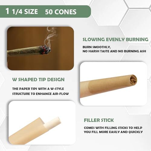 1-1/4 Rolling Papers Pre Rolled Cones | 50 Pack | Natural Pre Rolled
