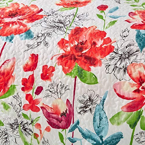 3 Piece Queen Reversible Floral Quilt Set White Red Green Queen (90x90) Flower
