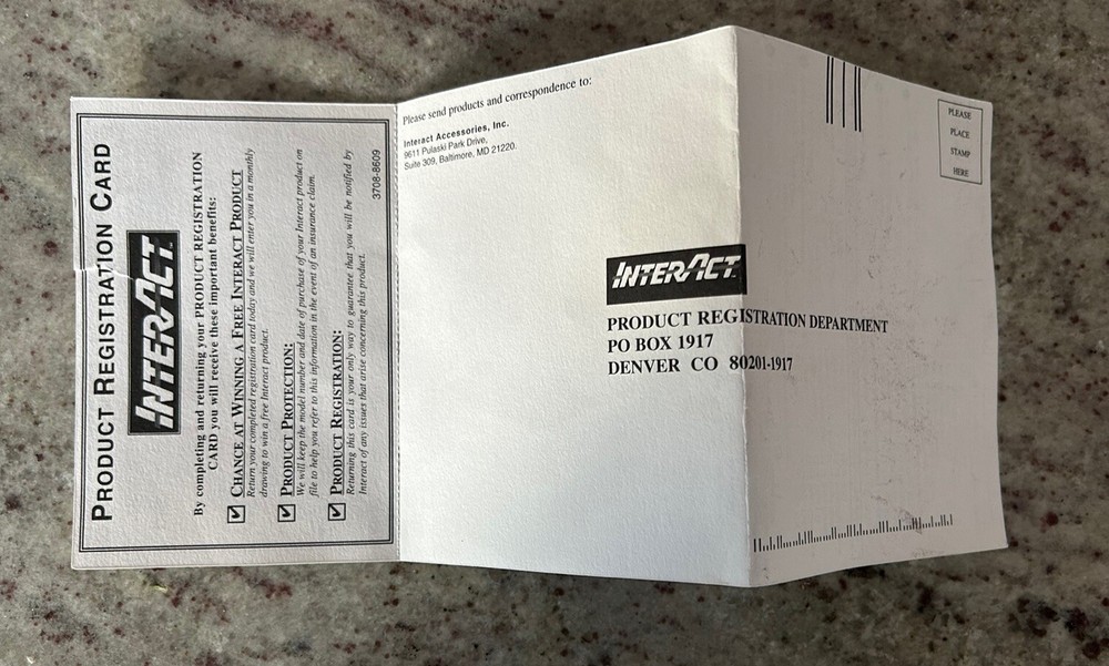 InterAct Product Reg Registration Card Insert