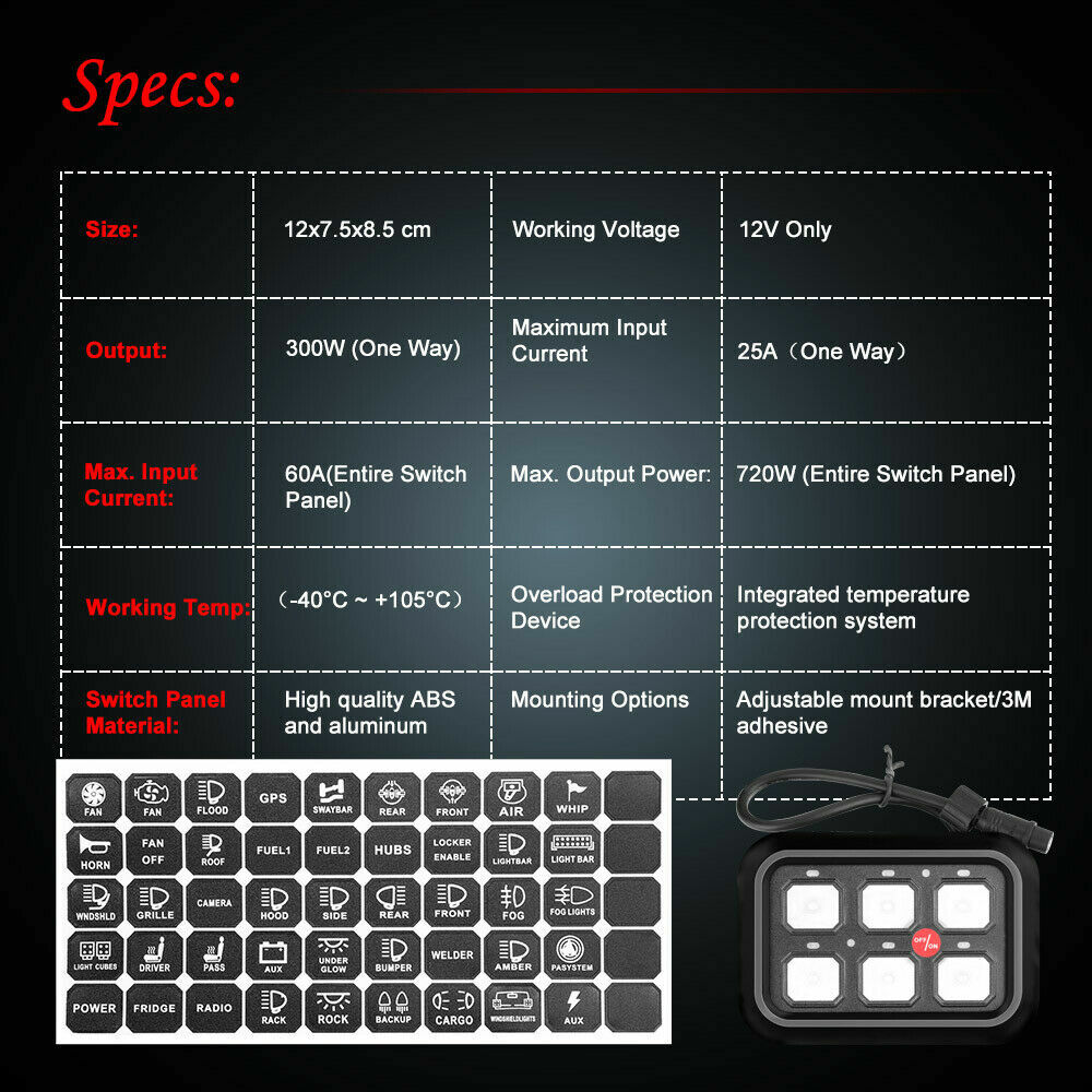 6-Gang Switch Panel Relay Automatic Dimmable Circuit Control Box Car Marine 12V