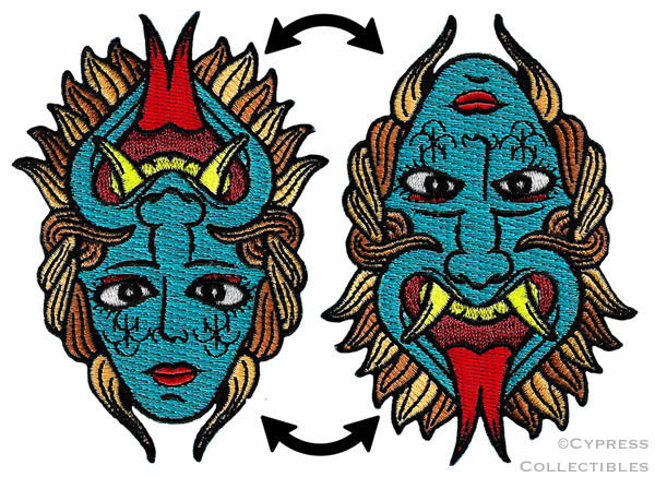 FLIP FACE PATCH iron-on embroidered TATTOO DEVIL DESIGN EMBLEM OPTICAL ILLUSION