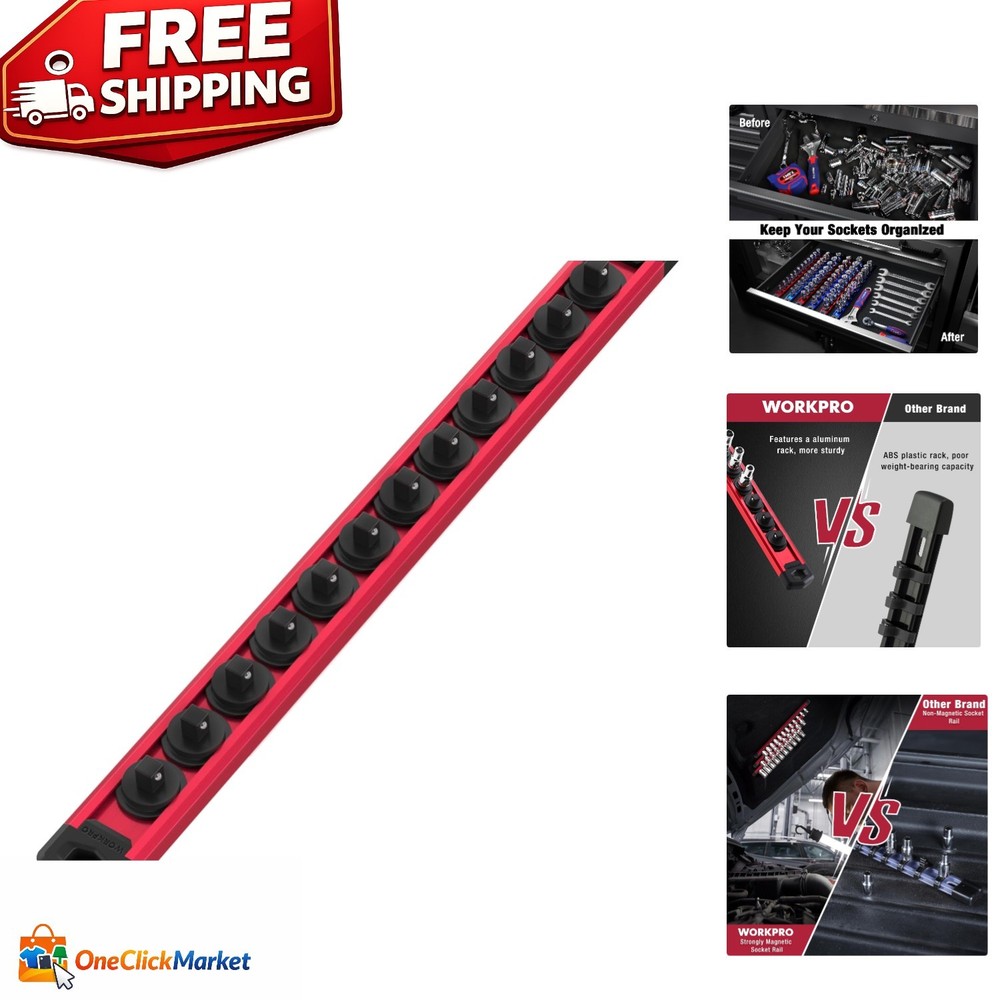 1/4-Inch Drive Magnetic Socket Rail with 12  Clips - Efficient Storage