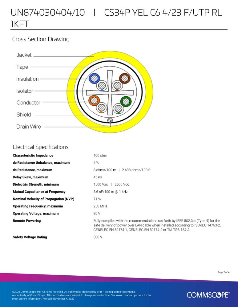 Commscope CS34P 23/4P Cat6 F/UTP WebTrak Shielded Network Cable CMP Yellow/100ft