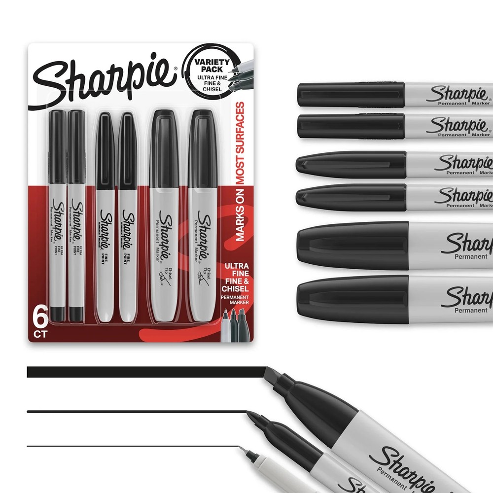 Sharpie Permanent Markers Chisel Tip Black 6 Count