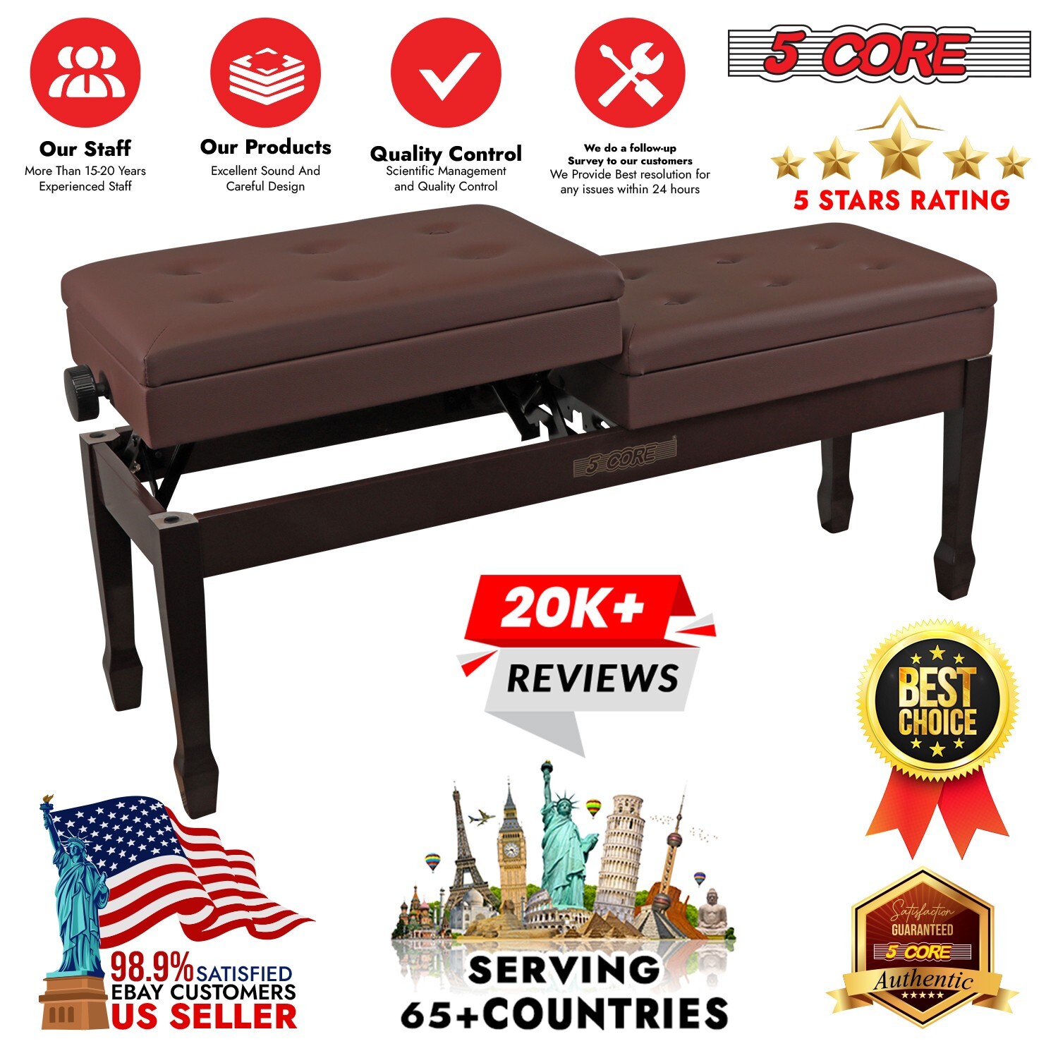 5 Core Duet Piano Bench 3.5 Inch Padded Cushioned Double Seater Wooden Stool