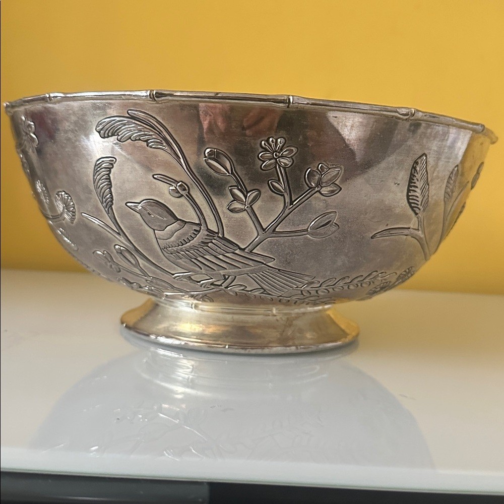 Godinger Silver Plate Decorative Large Fruit Bowl with Flower and Bird Design