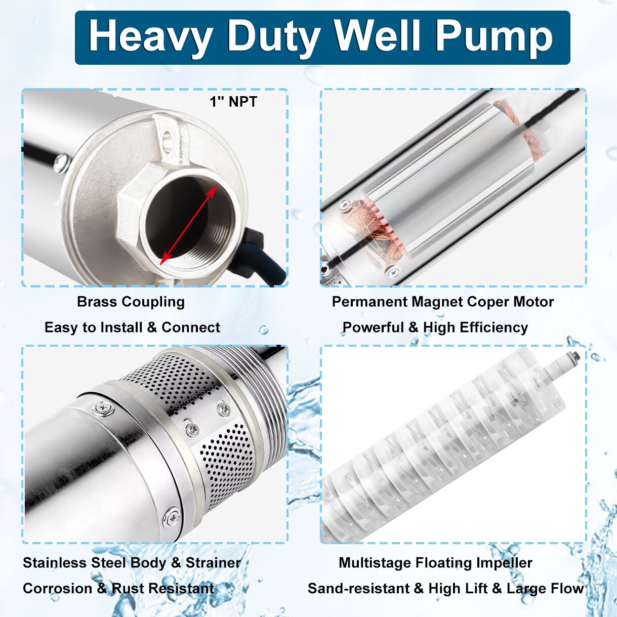 2.5" 1HP Deep Well Submersible Pump, 220V, 13 GPM, 311FT Max, 26 Stage 50FT Cord