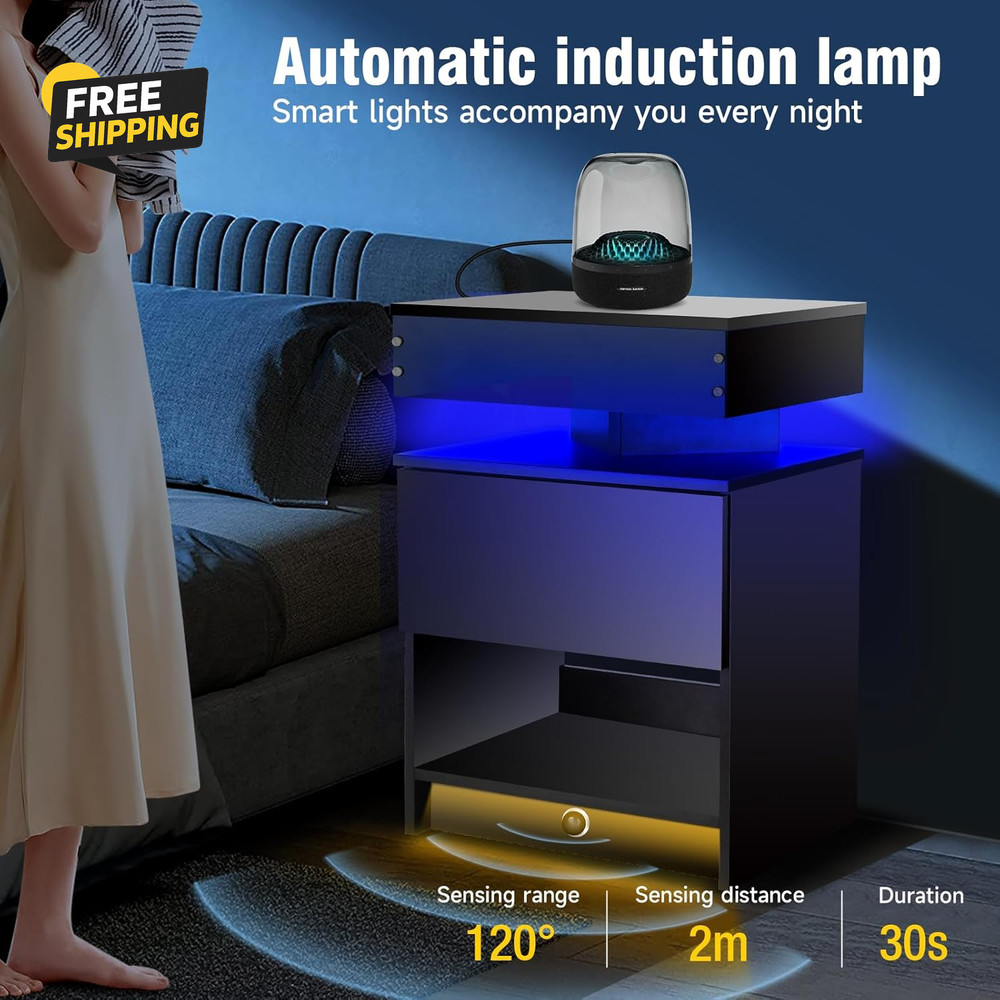 Nightstand with Induction Light & Side Charging Station, Modern Bedside Table