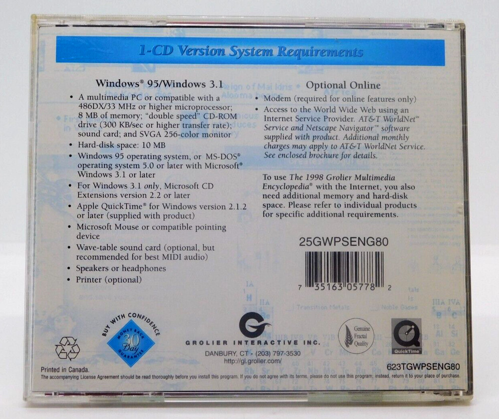 CD Rom 1998 Grolier Multimedia Encyclopedia Windows 95 3.1 Users Guide