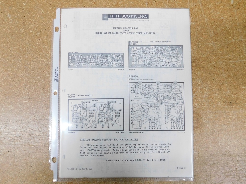 H.H. Scott 342 FM Solid State Stereo Tuner/Amplifier Service Bulletin (original)