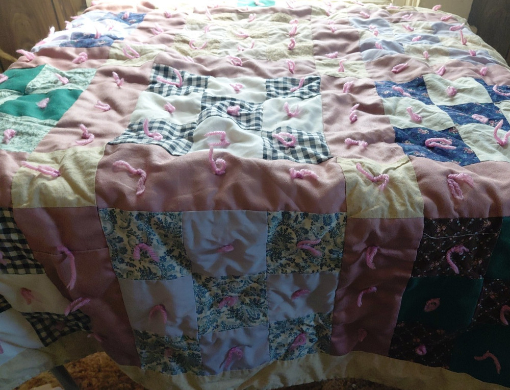 Handmade Child Tie Quilt 40"x53" Patchwork Square Blanket multicolor