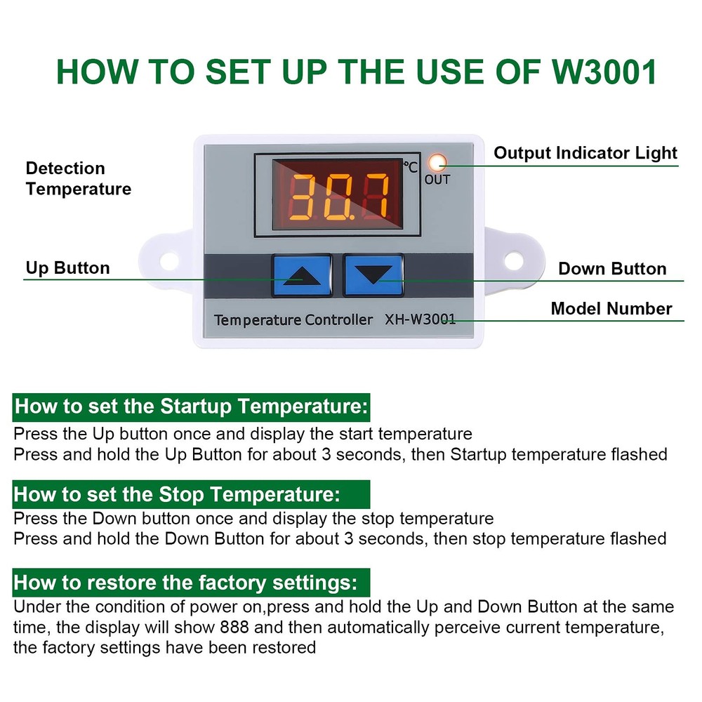 Digital LED Thermostat Switch with Probe, Programmable Heating/Cooling, 12V 10A