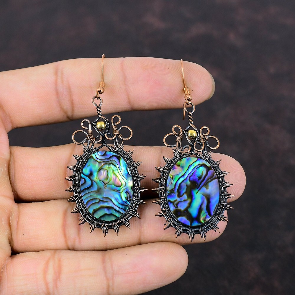 Abalone Shell Copper Valentine Gift Wire Wrapped Drop/Dangle Earrings 2.76"