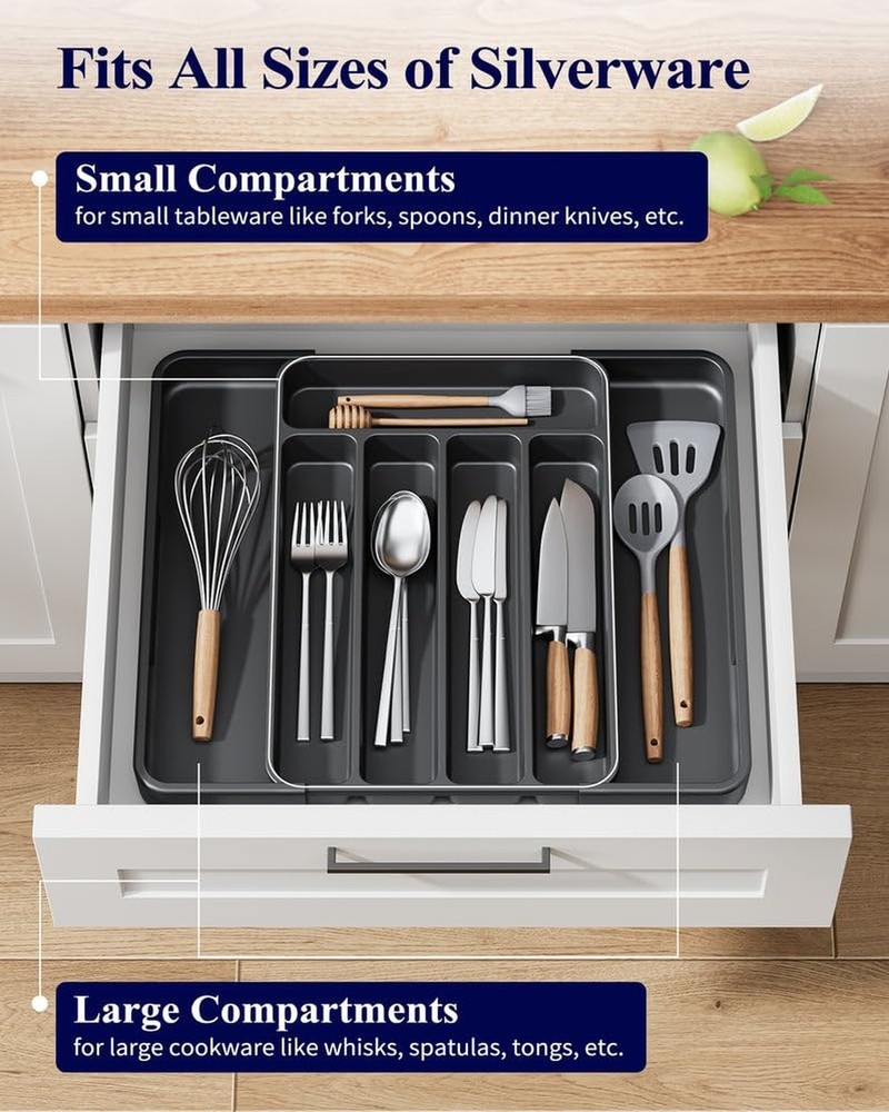 Kitsure Silverware Organizer - Adjustable Kitchen Drawer Organizer, Utensil O...