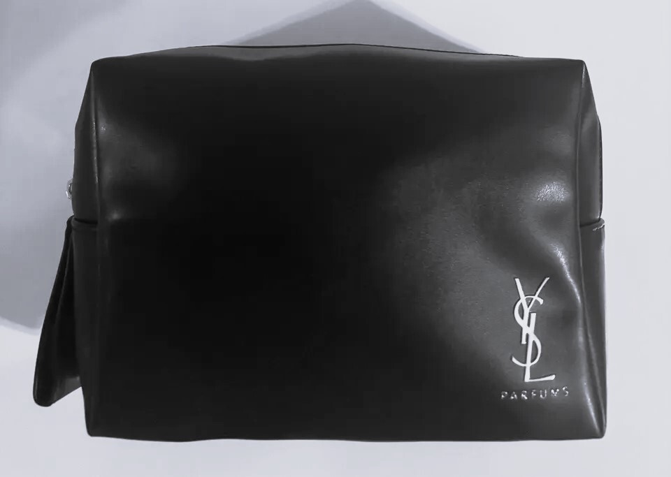 YSL Yves Saint Laurent Black Faux Leather Silver Logo Toiletry Makeup Bag NEW!