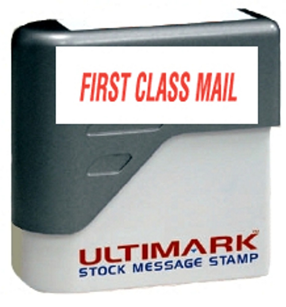 FIRST CLASS MAIL stamp text on Ultimark Pre-inked Message Stamp with Red Ink