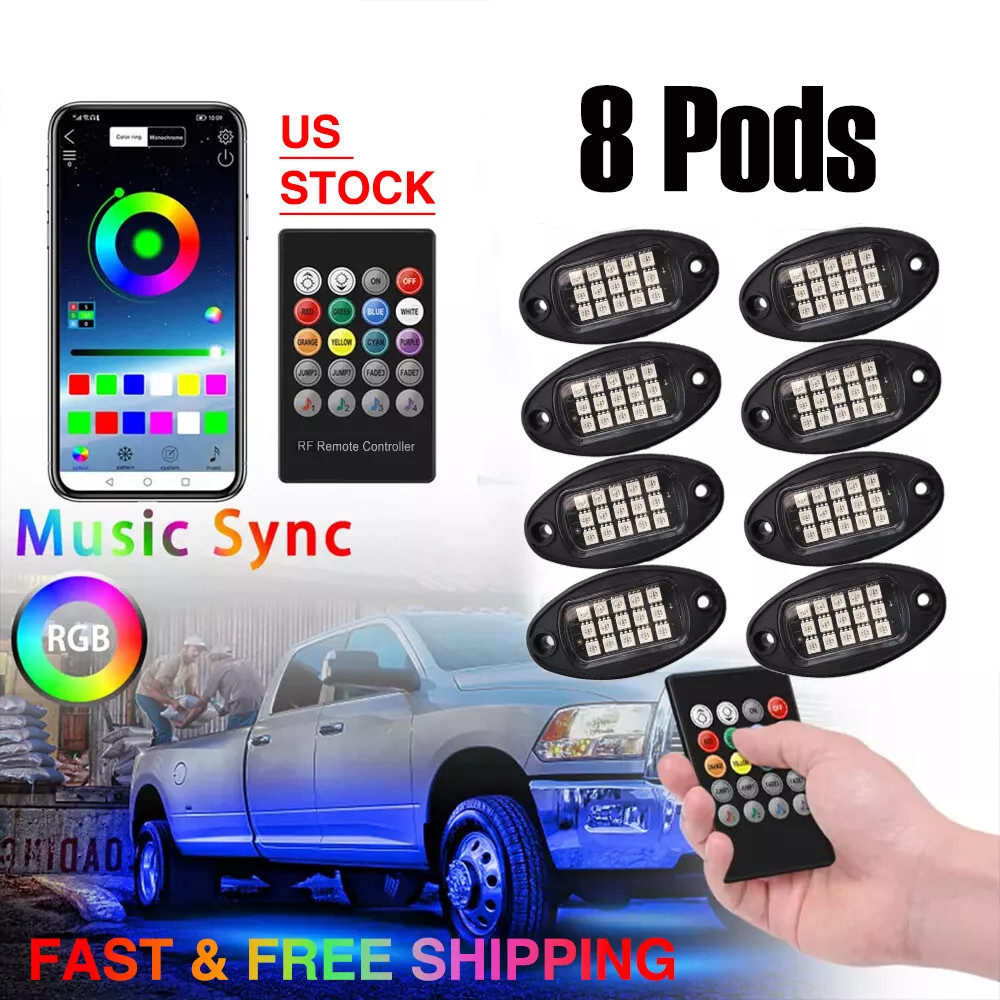 8Pods RGB LED Rock Lights Kit Underbody Light Bluetooth Underglow Remote Control