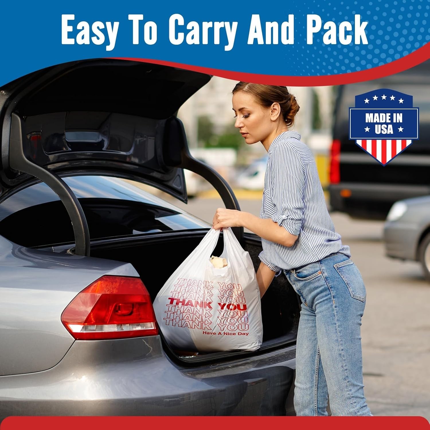 1000-2000 Thank You T-Shirt Bags 12" x 6.5" x 21", Plastic Grocery Shopping Bags