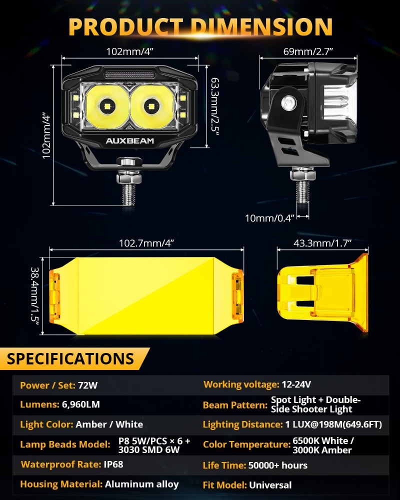 2x AUXBEAM 4" Side Shooter LED Work Light Bar Spot Pods Ditch Fog Lamp Amber DRL