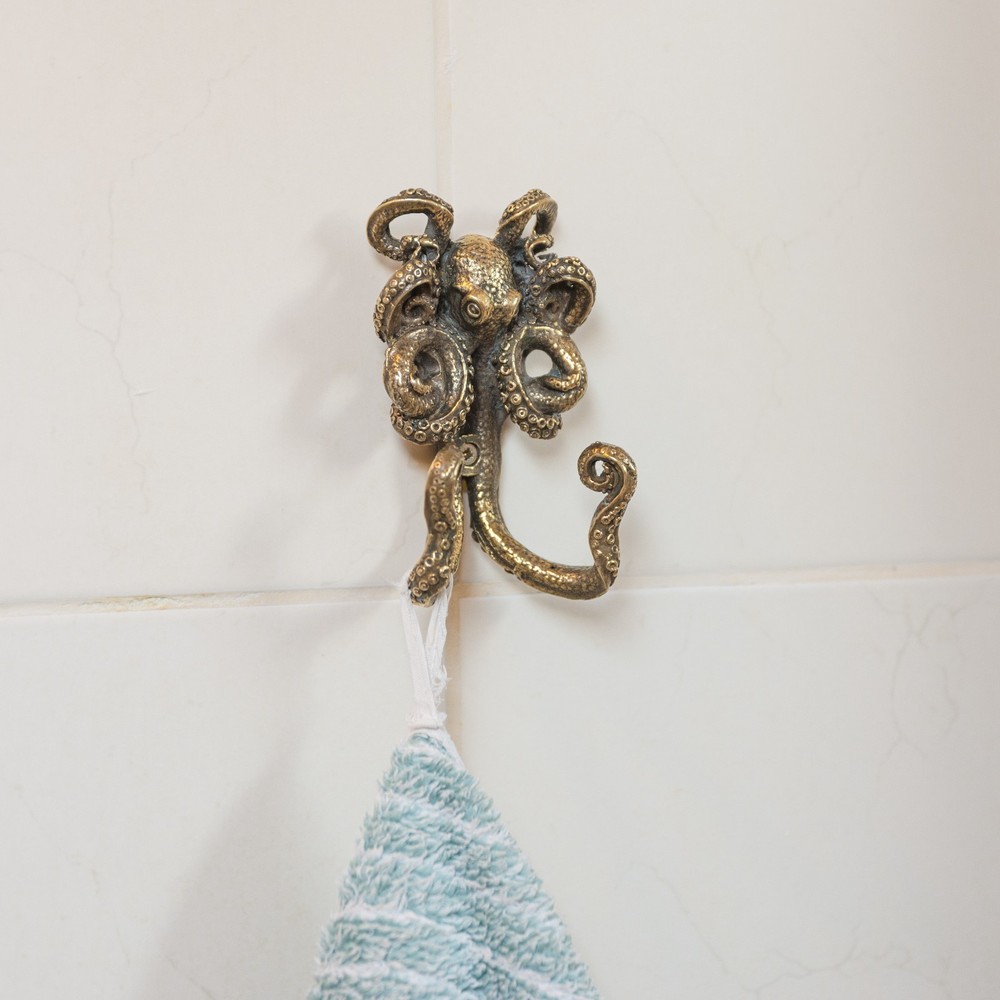 Solid Brass Octopus Double Wall Hook Handmade Nautical Animal Decor
