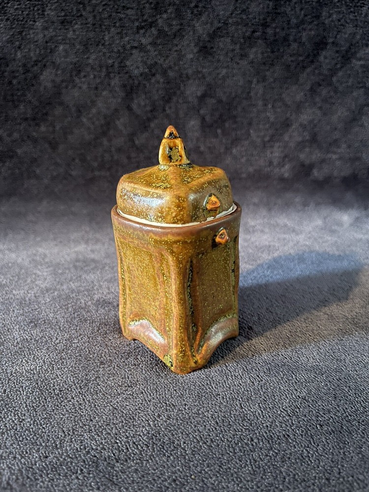 Japanese Style Studio Pottery Organic Ash Glazed Small Footed Container SIGNED