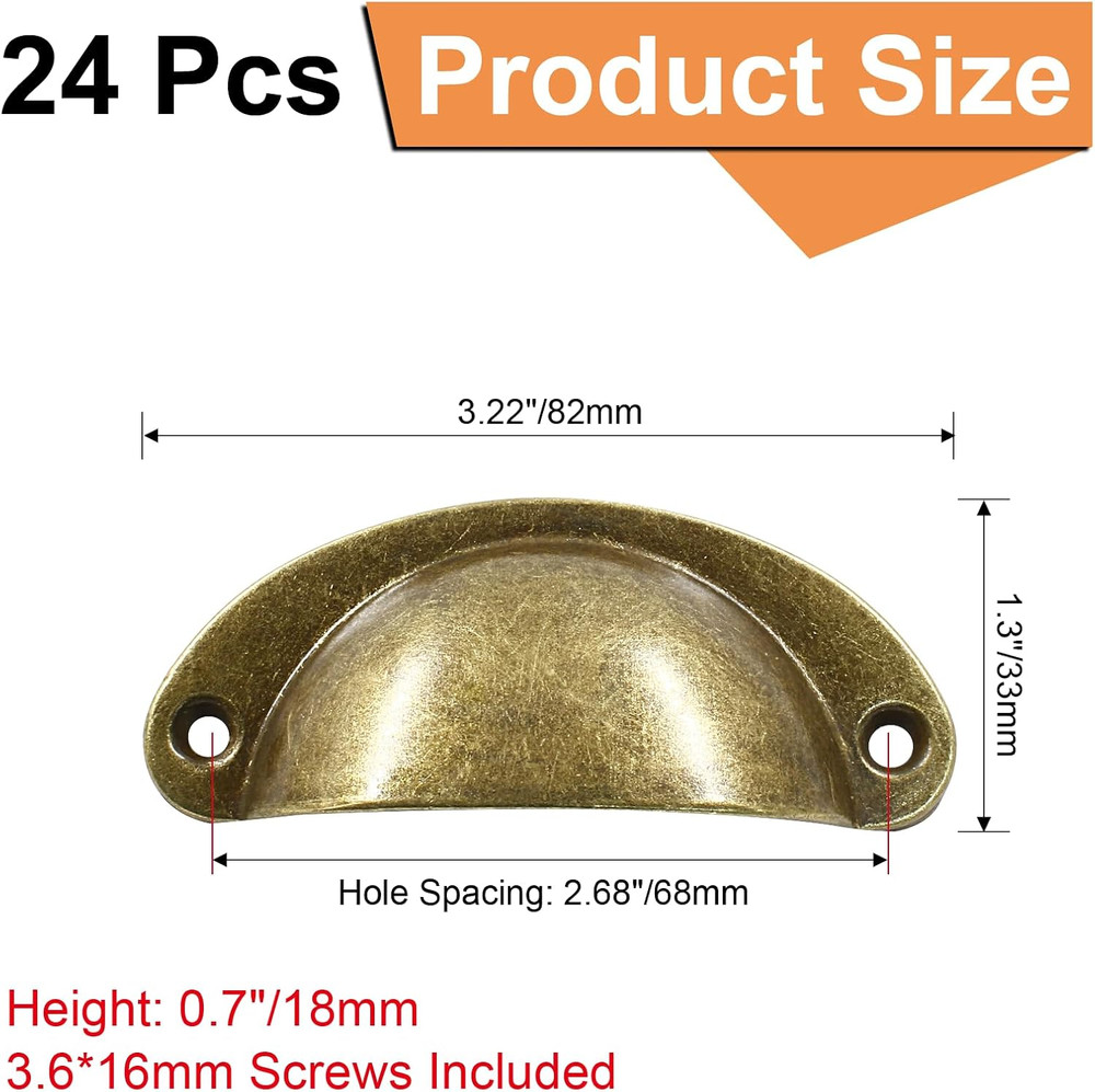 24Pcs Antique Cup Drawer Pulls, Brass Bronze Bin Cup Pulls Knobs, Cabinet Pul...