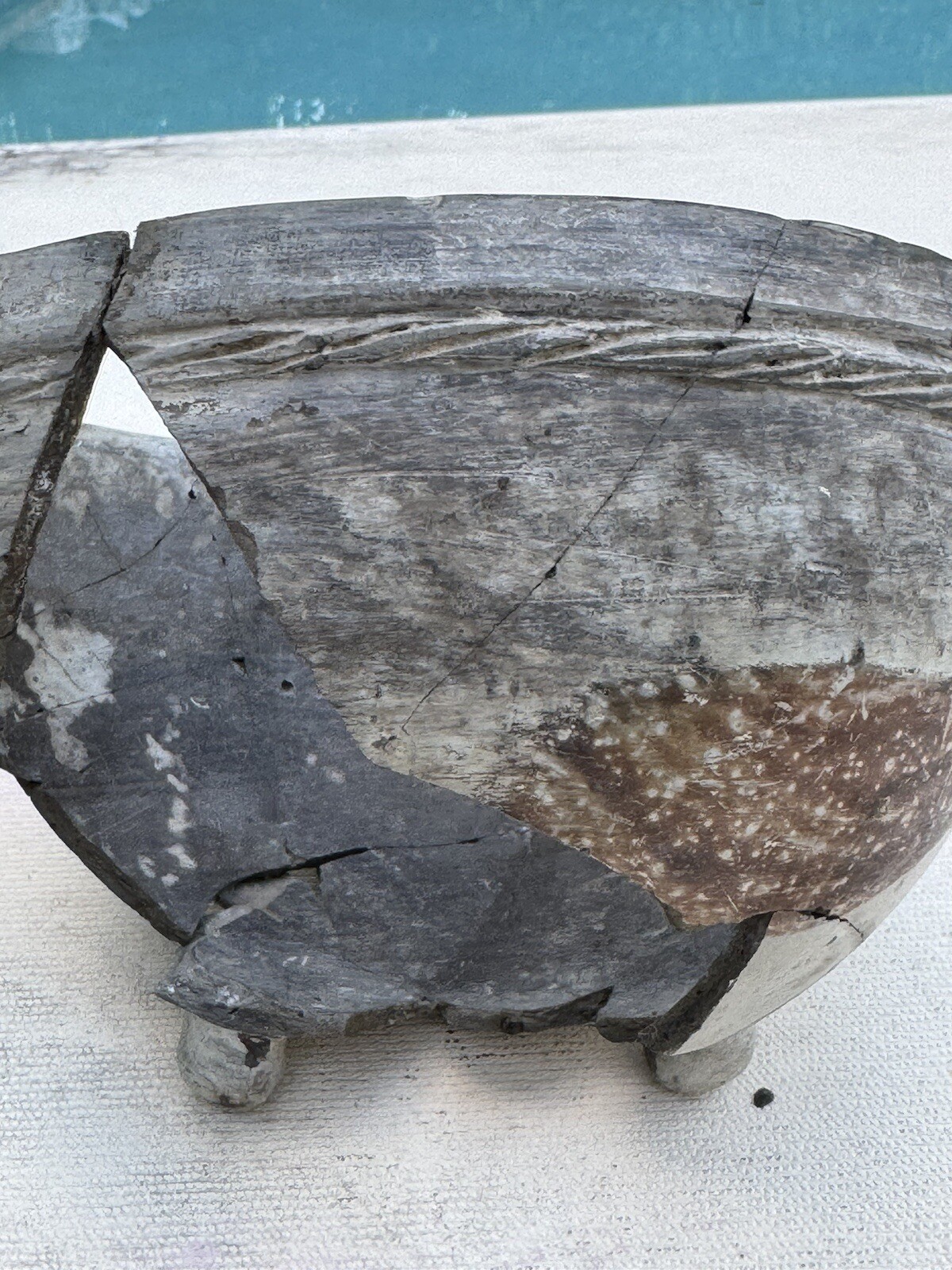 Native American PreColombian Rebuilt Footed Bowl Red Swirl Pattern Pottery Bowl