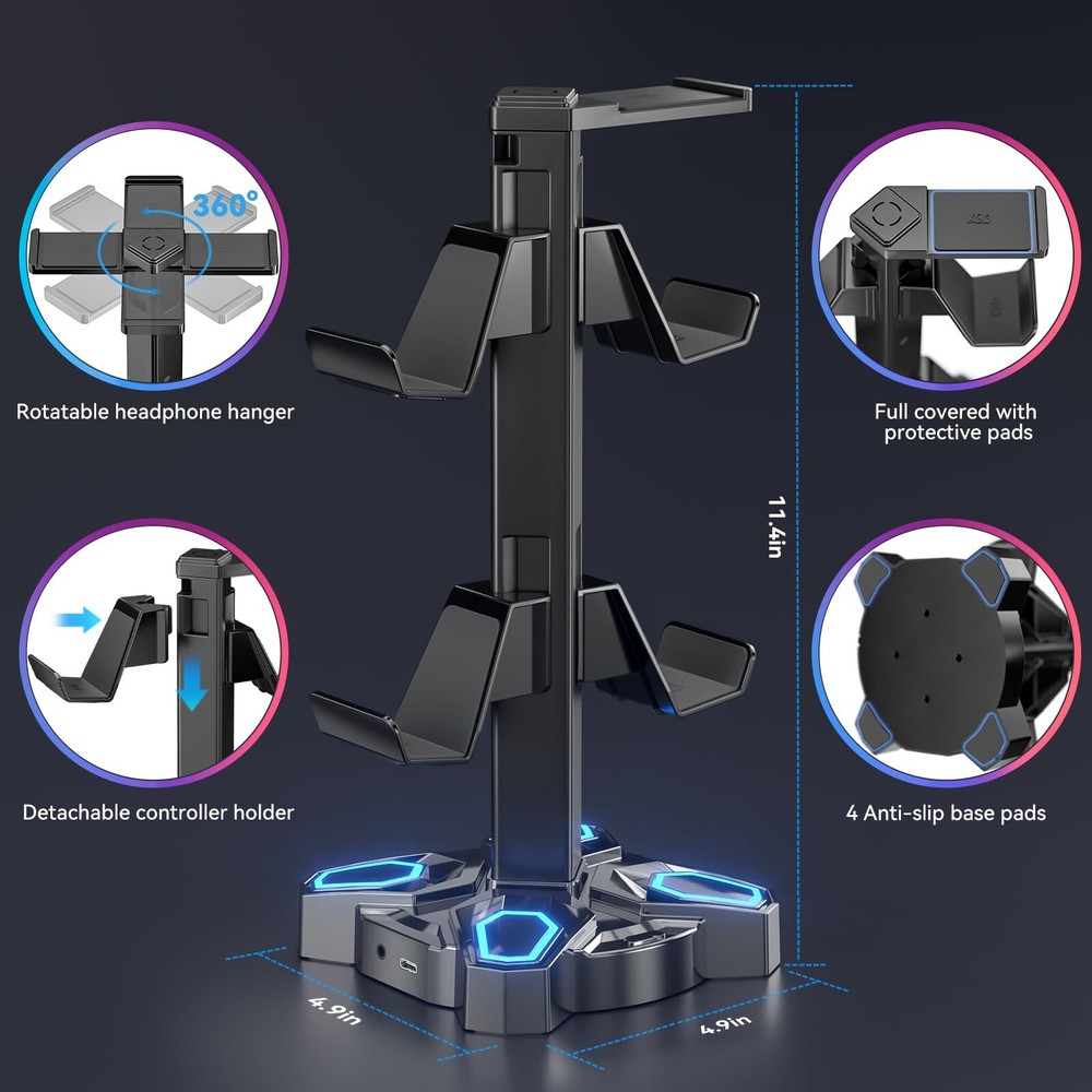 Gaming Headphone Stand Rotatable Light Modes with USB Ports & Controller Holder