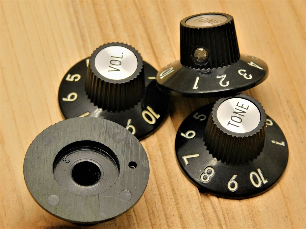 (4) BAKELITE 1-10 Volume/Tone Witch Hat Knobs for '72 Tele 1/4" Solid Shaft Pots