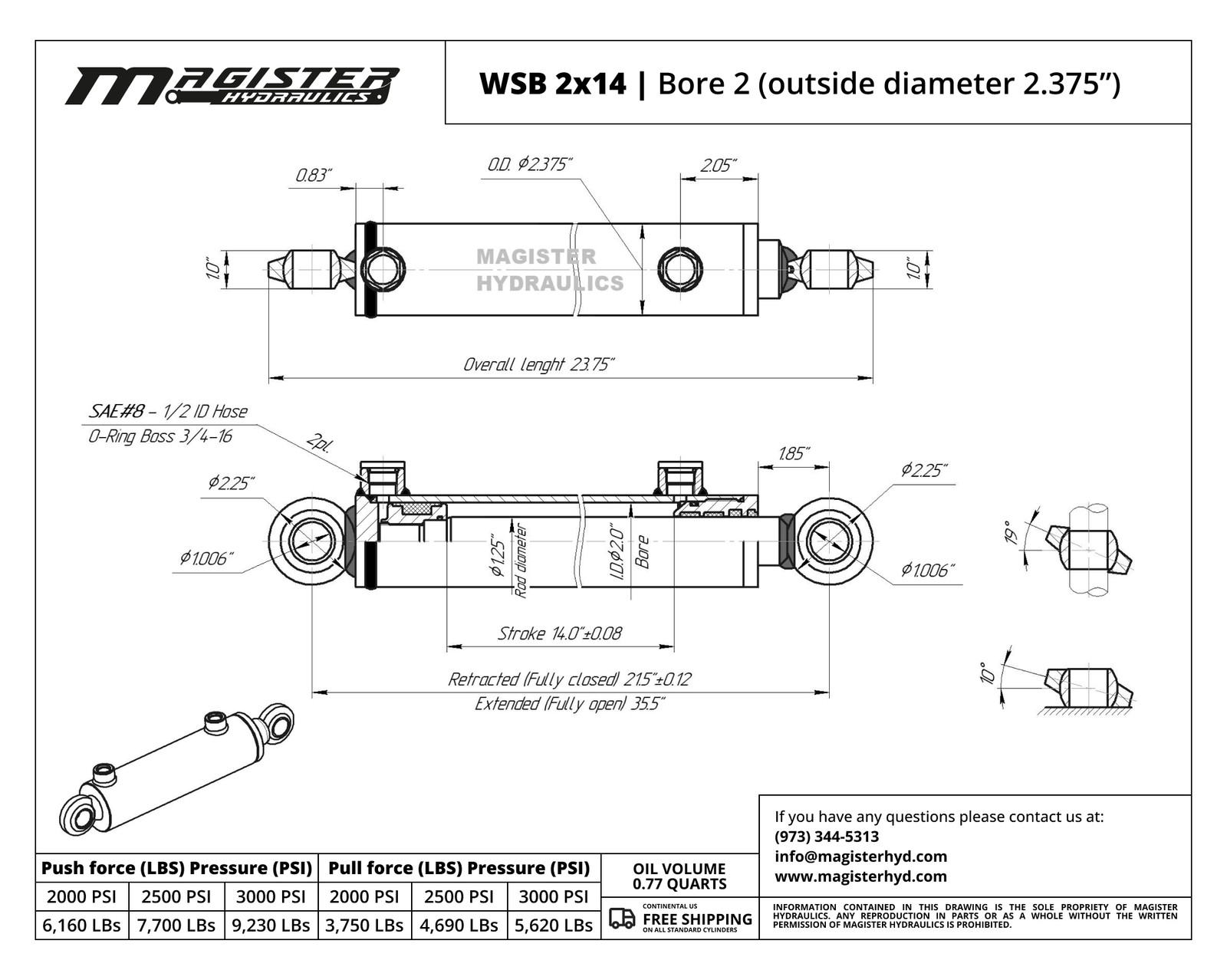 Hydraulic Cylinder Welded Double Acting 2" Bore 14" Stroke Swivel Ball/Eye