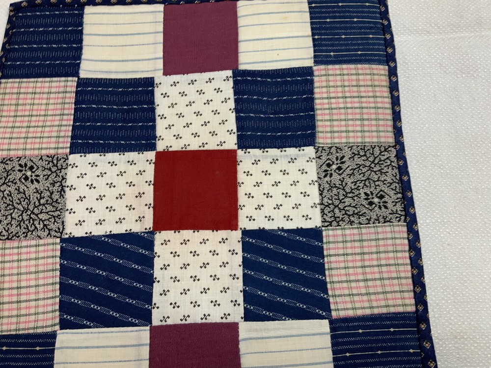Antique Vintage Patchwork Quilt Table Topper Or Doll Quilt, Nine Patch, Red Navy