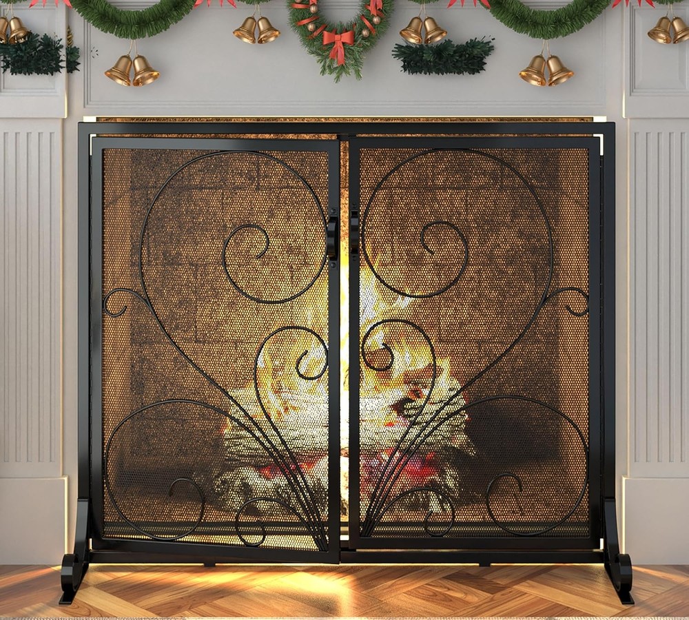 Flat Fireplace Screen with Doors,Solid Wrought Iron Frame with Metal Mesh, Fl...