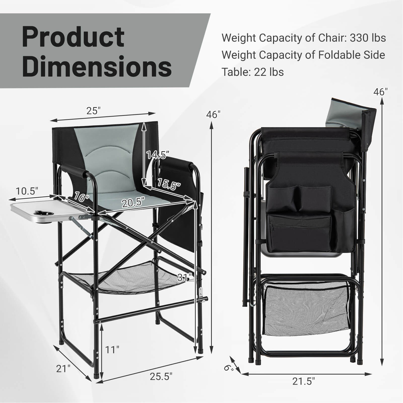 46" Tall Directors Chair with Foldable Side Table & Footrest, Extra Cup Holder