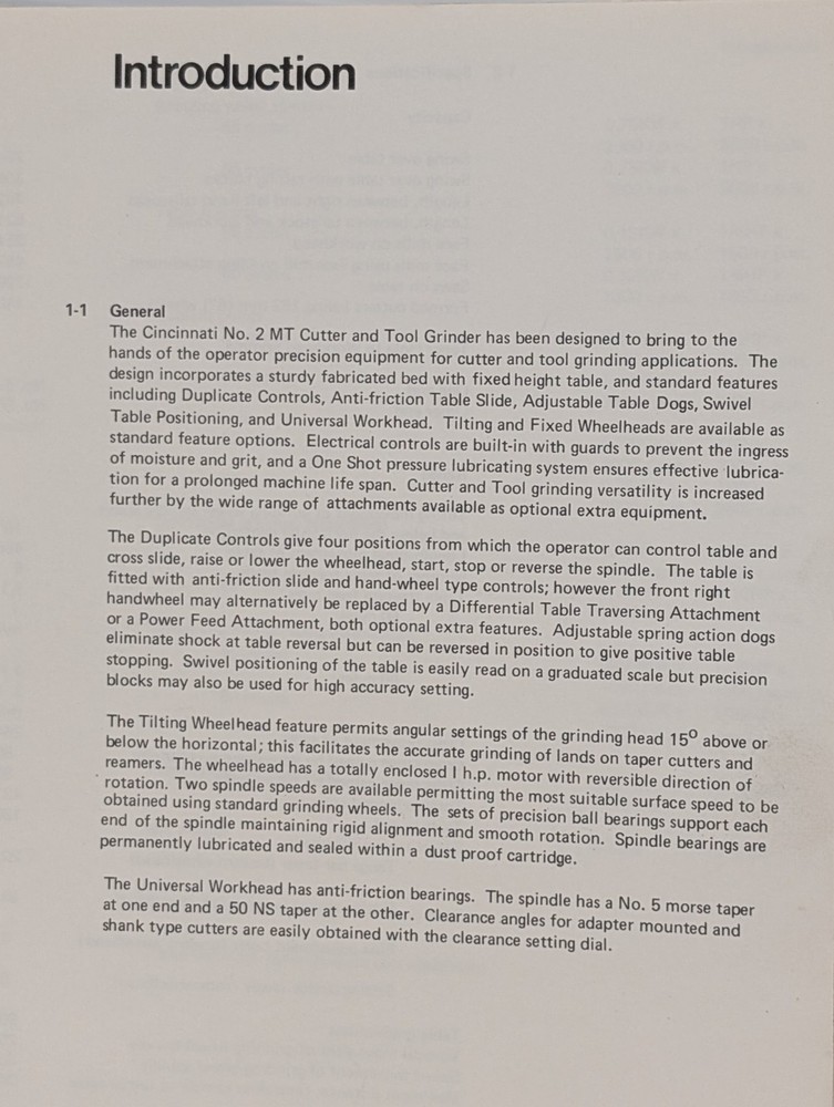 Cincinnati Milacron 2MT Cutter Tool Grinding Machine Operators Instruction Book