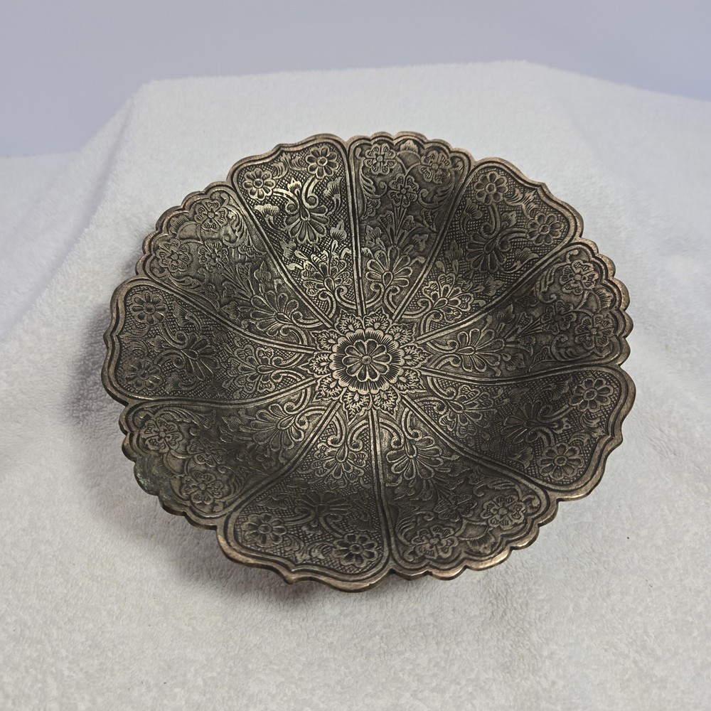 Ornate Solid Floral Footed Dish Bowl 8” Offering Plate Candy Dish Made In India